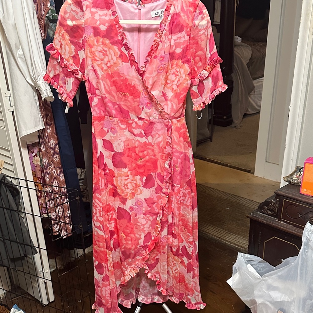 Kensie Pink & Coral Floral Wrap Midi Dress